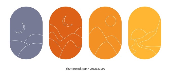 Vector set of linear symbols and icons-logo design with abstract landscapes. Modern emblems for social networks. Vacation badge and emblem for holiday rentals, travel services and beauty studios