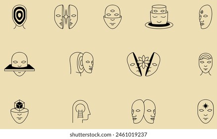 Vector Set of Linear Symbols Related to Hidden Human Potential and Talent, Inner Space of Creativity and Personal Development. Minimalist style, design elements and symbols - part 6