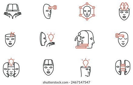  Vector Set of Linear Symbols Related to educational process, career progress, training and search for a solution. Mono line pictograms and infographics design elements