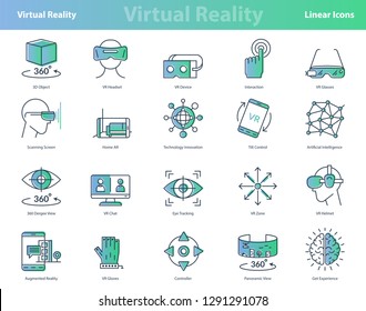 Vector set of linear virtual reality modern computer entertainment icons. Black outline stroke and green and blue gradient fill