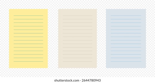 Vector set of lined notepaper sheets in pastel colors with transparent background, ideal for notes, school templates, office stationery, digital planners, journals, and educational design