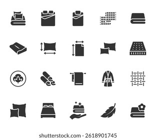 Vector set of linen flat icons. Contains icons  pillow, blanket, bed, pillowcase, bathrobe, plaid, mattress, towel and more. Pixel perfect.