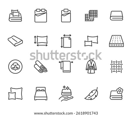 Vector set of linen line icons. Contains icons  pillow, blanket, bed, pillowcase, bathrobe, plaid, mattress, towel and more. Pixel perfect.