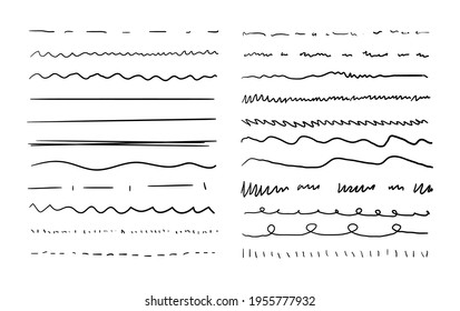 Vector set of lines, black ink paintings isoalted on white background, drawings set, abstract underline strokes.

