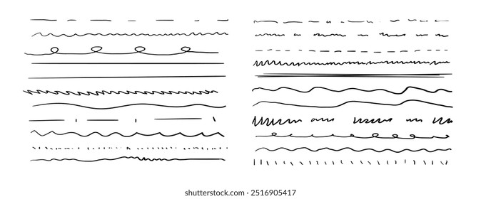 Vector set of lines, black ink paintings isoalted on white background, drawings set, abstract underline strokes
