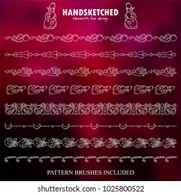 Vector set of lines consist from arrows with waves and stars, fir trees, snowmen, moon, candy cane and Christmas toys. Brushes included