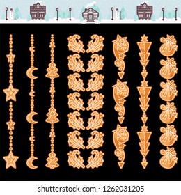 Vector set of lines consist from Christmas  toys, pine trees, arrows, stars look like gingerbreads, cookies or biscuits with white icing. Brushes included