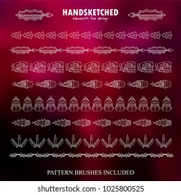 Vector set of lines consist from Pine in plant pots, presents, kawaii snowman, candles with mistletoe. Brushes included