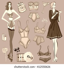 Vector set with lingerie and perfume
