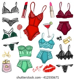 Vector set with lingerie and perfume