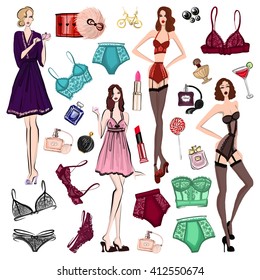 Vector set with lingerie and perfume