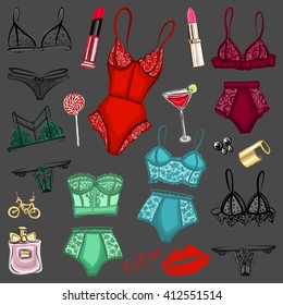 Vector set with lingerie and perfume