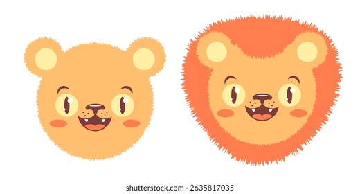 Vector set of lion head for baby room decor. Male and female lion head for kids.