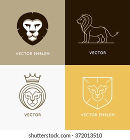 Vector set of lion logo design templates and em?lems in trendy linear style - power and security concepts 