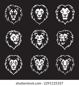 Vector set of lion logos, face for logos, emblems, badges and labels. Isolated on white background