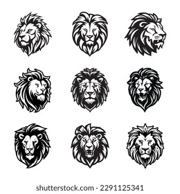 Vector set of lion logos, face for logos, emblems, badges and labels. Isolated on white background