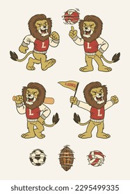 vector Set of Lion Sport Mascot in Vintage Retro Hand Drawn Style