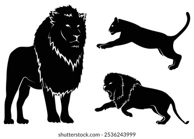 Vector set of lions silhouette isolated on white background. Lions silhouette collection