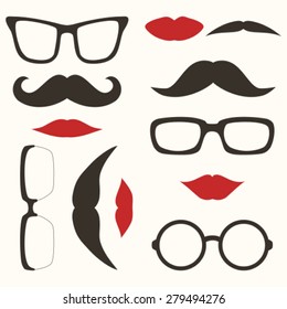 Vector set of lips, glasses and mustaches. 