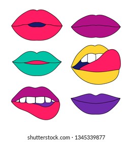 Vector set of lips in pop art style. Set has bright pin up colors. Useful for wrap, cosmetic, party, notebooks, stickers. attractive retro style. Green, red, yellow and violet lips.