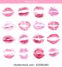 Vector set of lipstick print. Prints of  lips. Lips kiss isolated on white background. Lips print for design, cosmetics, beauty, cards, Valentine Day.