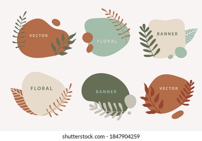 Vector set of liquid organic forms and badges set with plants, leaves. Flowing shapes banners. Template for logo, branding, web design, social media post, business card, invitation, print, flyer