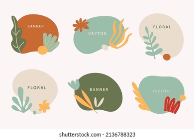 Vector set of liquid organic forms and badges set with plants, leaves. Flowing shapes banners. Template for logo, branding, web design, social media post, business card, invitation, print, flyer