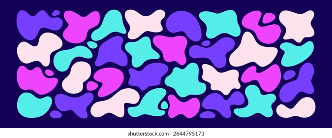 Vector conjunto de Formas orgánicas líquidas, formas irregulares. Color neón simple de forma libre o manchas asimétricas. Figuras abstractas deformadas al azar, puntos ondulados, salpicaduras amorfas fluidas. Manchas de ameba desiguales modernas