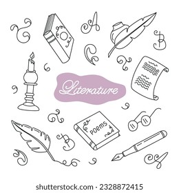 Conjunto vectorial de ilustraciones literarias en estilo doodle