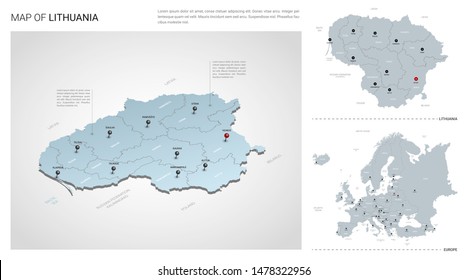 Vector set of Lithuania country.  Isometric 3d map, Lithuania map, Europe map - with region, state names and city names. 