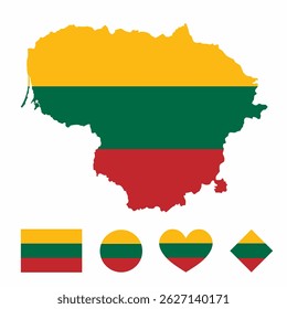 Vector set of Lithuania high detailed map flag and national flag round badge isolated on white background.