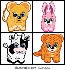 Vector Set of Little Animals -  symbols of the Chinese horoscope.  Part One.