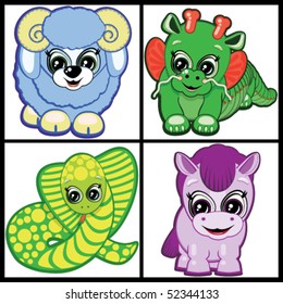 Vector Set of Little Animals -  symbols of the Chinese horoscope.  Part Two.