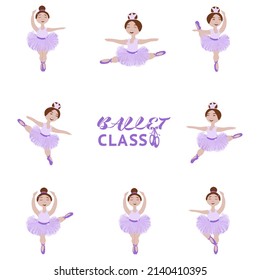 vector set of little ballerinas in purple tutus and pointe shoes, inscription Ballet class