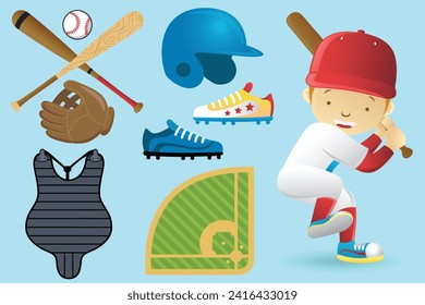 Vector set of little baseball player with baseball elements cartoon