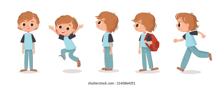 Vector set. Little boy with big eyes and long brown red hair in various poses. Standing, jumping and walking. Cartoon characters.