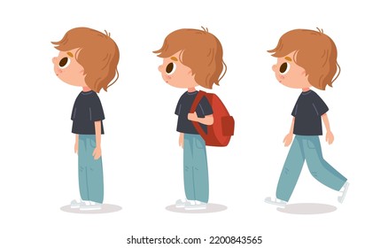 Vector set. Little boy with big eyes and long brown red hair in various poses. Standing and walking. Cartoon characters.