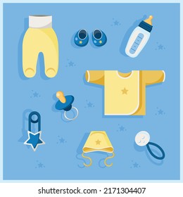 Vector set for little boys with cute clothes and accessories for baby care. Vector