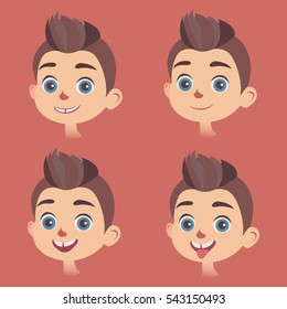 Vector set of little boys faces with different kinds of facial expressions. Smiling, calm, astonished faces, with sticking out tongue. Feelings and emotions concept design elements.