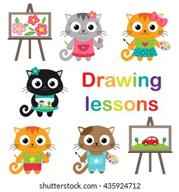 Vector set of little cats learning to draw. Drawing lessons