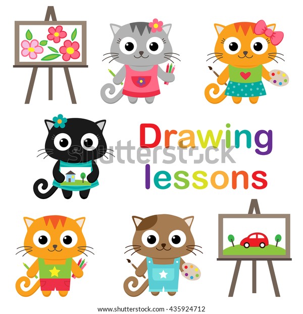 Vector set of little cats learning to draw.\
Drawing lessons