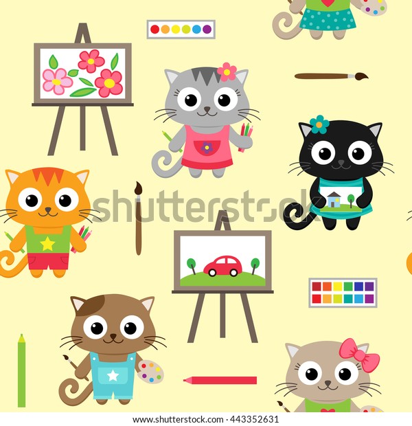 Vector set of little cats learning to draw.\
Seamless pattern