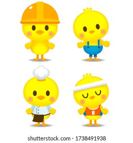 Vector set of little chicken character with different accessories isolated on white background