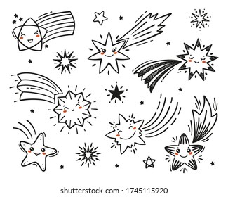 Vector Set of Little Cute Falling Stars. Hand Drawn Doodle Different Shooting Star Icons. Cartoon Comets Collection for Holiday or Birthday Party Design. Kawaii Characters