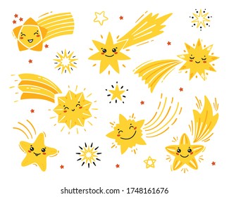 Vector Set of Little Cute Falling Stars. Doodle Different Shooting Star Icons. Cartoon Comets Collection for Holiday or Birthday Party Design. Kawaii Characters for Kids