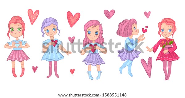 Vector Set Little Cute Girls Big Stock Vector Royalty Free