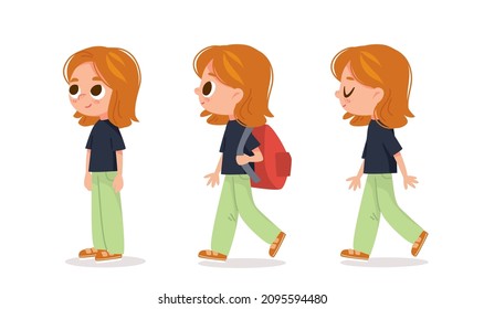 Vector set. Little girl with big eyes and red hair in various poses. Standing and walking. Cartoon characters.