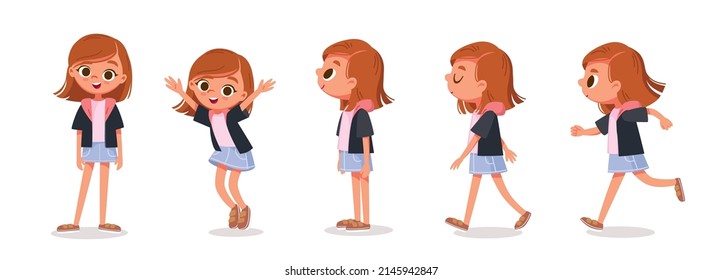 Vector set. Little girl with big eyes and long brown red hair in various poses, standing, jumping and walking. Cartoon characters.