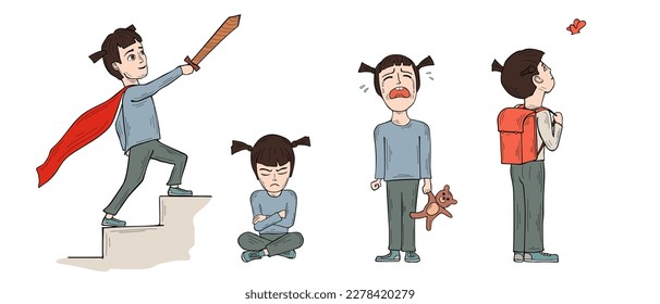 Vector set of a little girl in different postures with various emotions