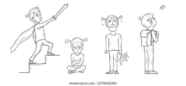 Vector set of a little girl in different postures with various emotions